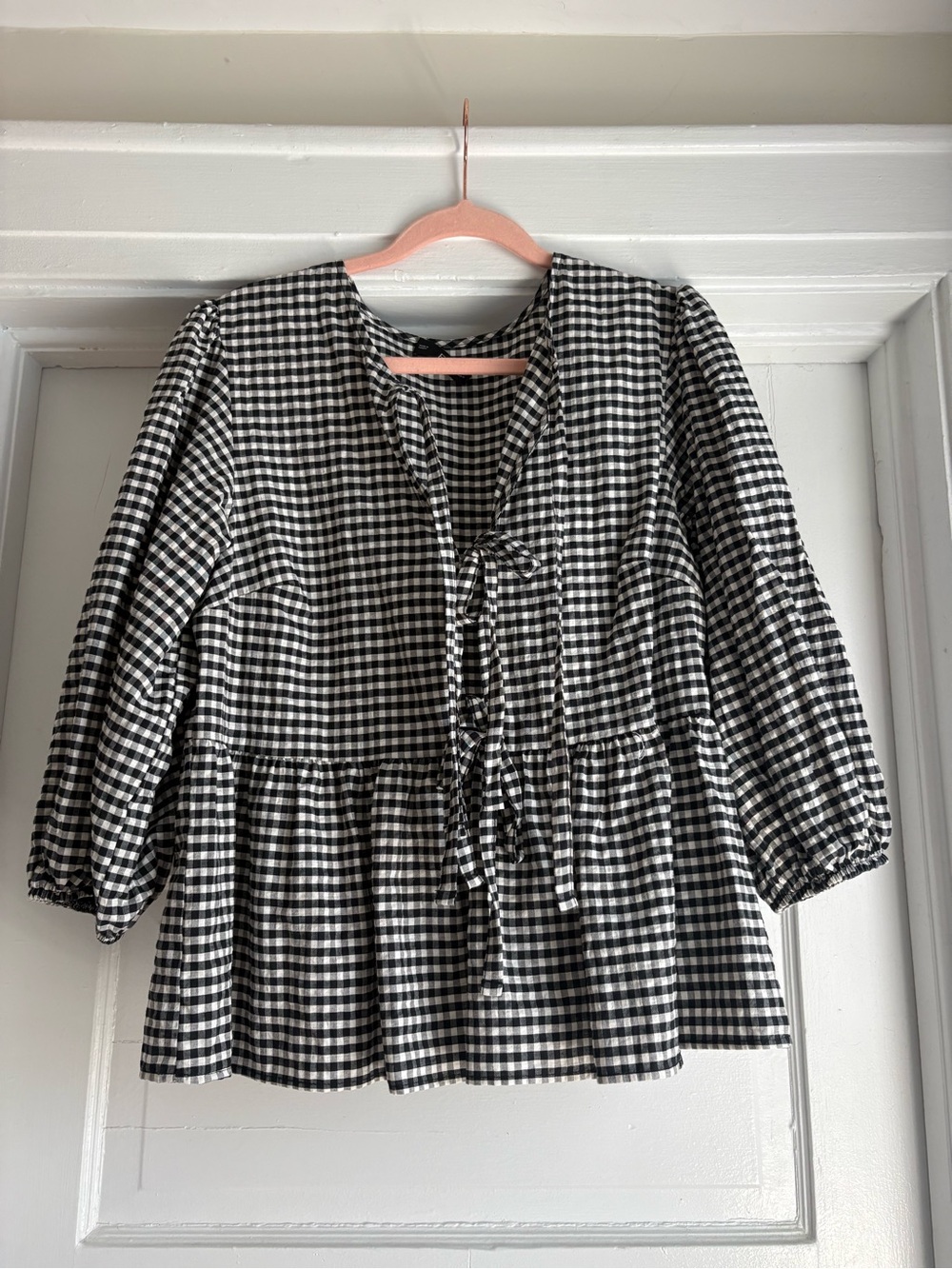 F&F Black and White Gingham Peplum Tie-Front Blouse